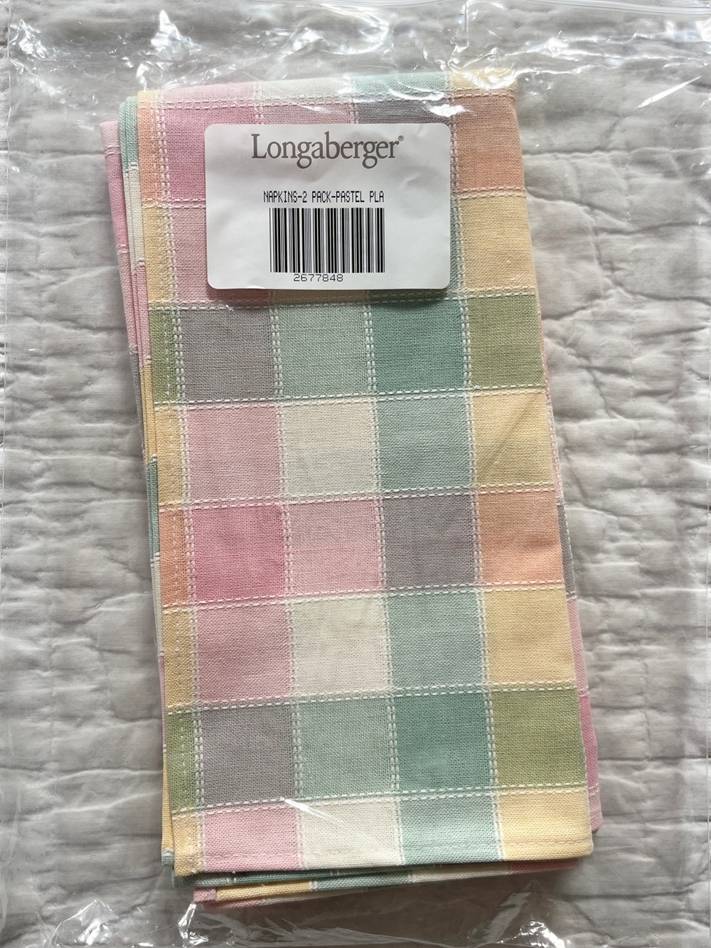 NEW Longaberger Set Of 2 Fabric Cloth Napkins Pastel Plaid 100% Pink Green